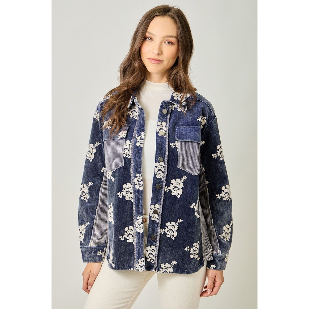 Mystree Washed Corduroy Floral Embroidery Jacket Navy Blue Small